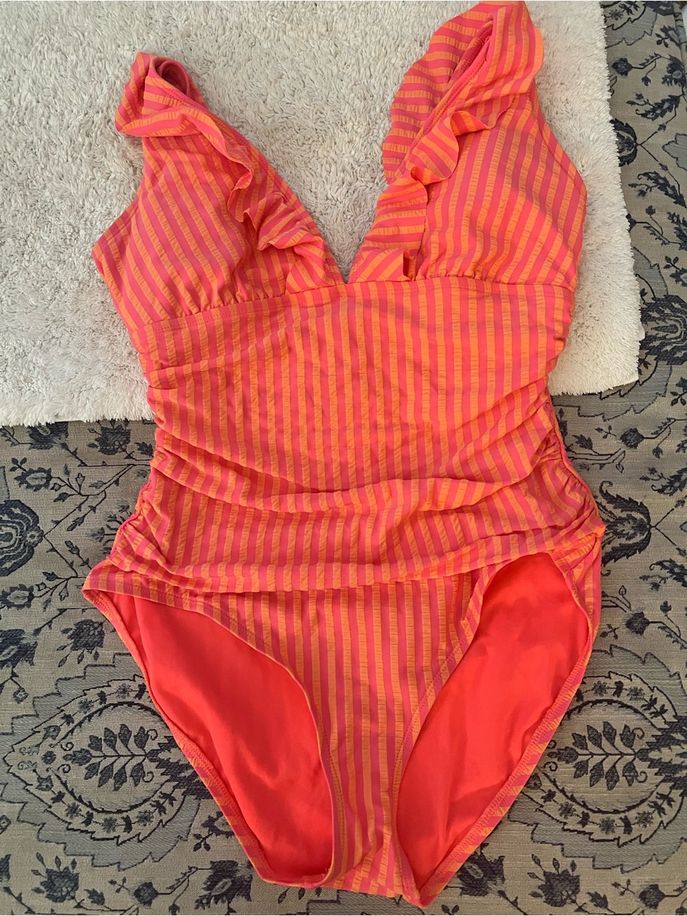 Ellen Tracy Striped Ruffle V-Neck One-Piece Swimsuit - Coral & Pink size 14